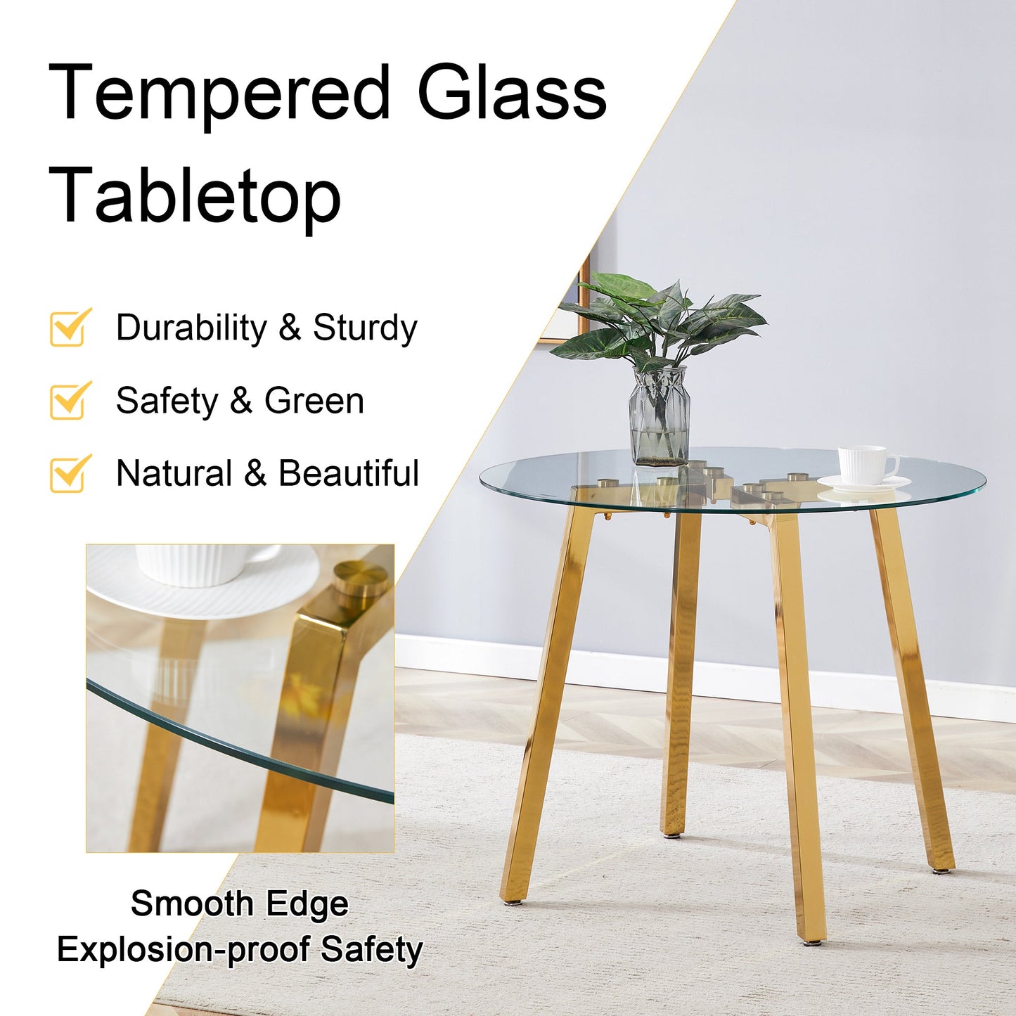 Modern Luxurious Round Tempered Glass Dining Table With Gold 7-Shaped Metal Legs,suitable for Family Meals, Office Confe