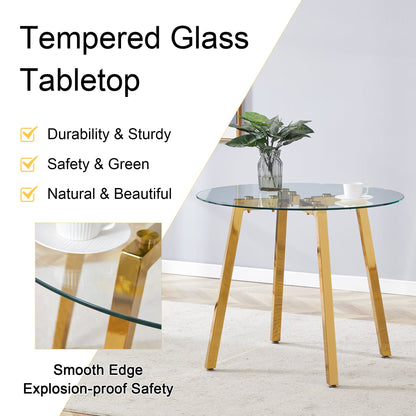 Modern Luxurious Round Tempered Glass Dining Table With Gold 7-Shaped Metal Legs,suitable for Family Meals, Office Confe