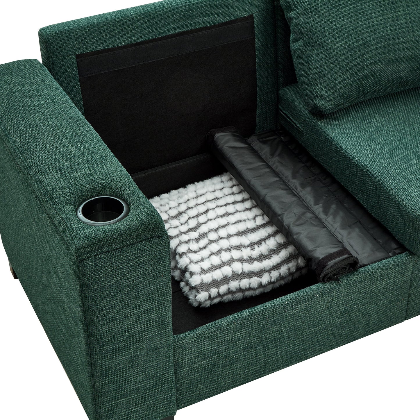 93.7' Modern Style Living Room Sofa Fabric Couch,Square Arm Sofa With Cup Holder,Storage Sofa,Upholstered Polyester Gree