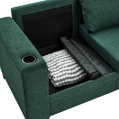93.7' Modern Style Living Room Sofa Fabric Couch,Square Arm Sofa With Cup Holder,Storage Sofa,Upholstered Polyester Gree