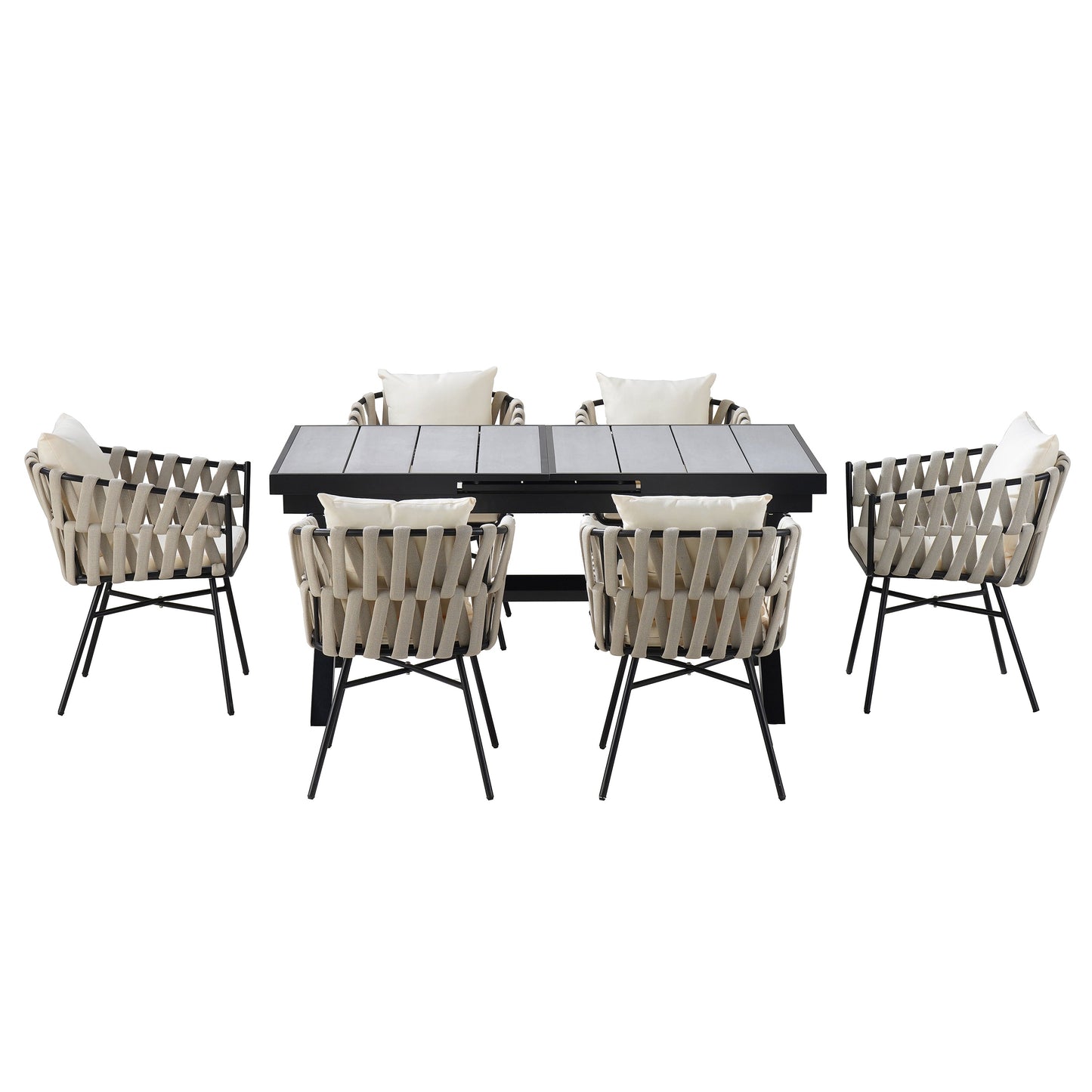Discover Unmatched Flexibility in Alfresco Dining With Six Creatively Arranged Chairs Made of Polyester Woven Tape and A