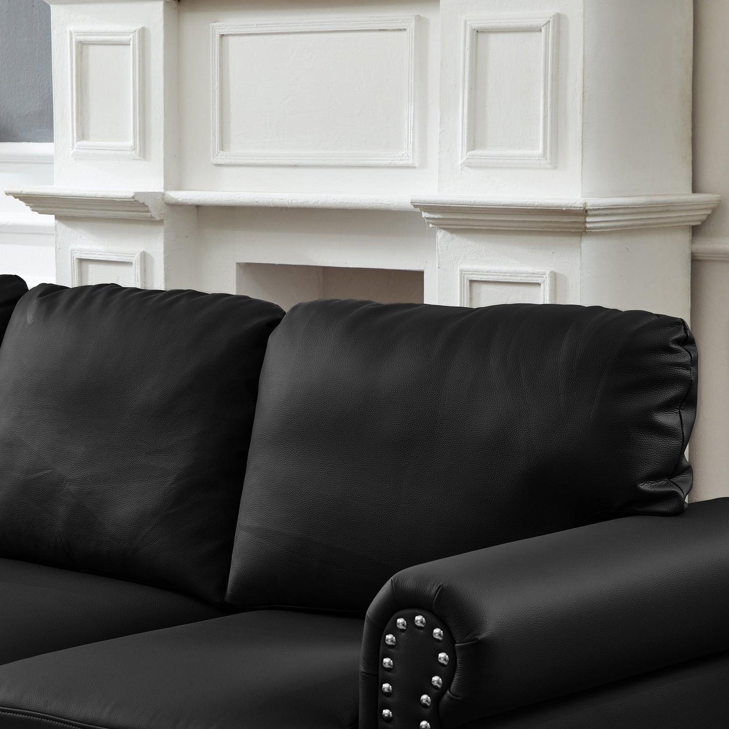 83' Modern Classic Design With Nails Living Room Sofa Leather Couch,Upholstered Imitation Cowhide Leather Black