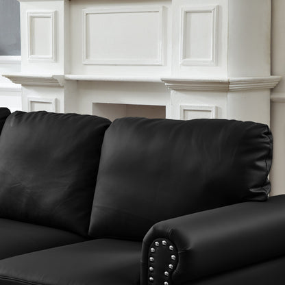 59.5' Modern Classic Design With Nails Living Room Loveseat Leather Couch,Upholstered Imitation Cowhide Leather Black