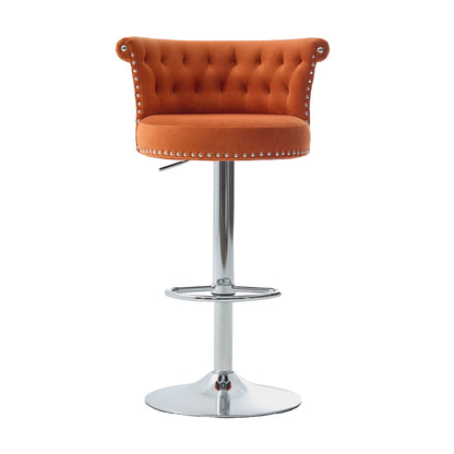 Velvet Bar Stool Set of 2, Adjustable Swivel Bar Stools With Silver Plated Metal Leg, Chrome Nailhead, Counter Height Ch