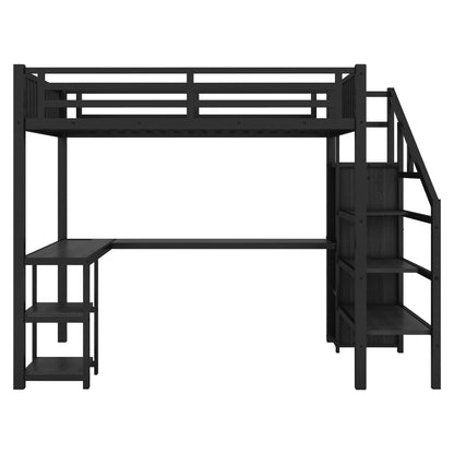 Metal Full Loft Bed With Wardrobe and LED Light, Full Size Loft Bed With L Shaped Desk and USB for Kids Teens Adults, Bl