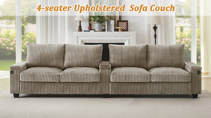 Modern 4-Seater Corduroy Sofa Couch With USB Ports, Hidden Storage Arms, and Flip-Top Cup Holders, Brown, 133 Inches