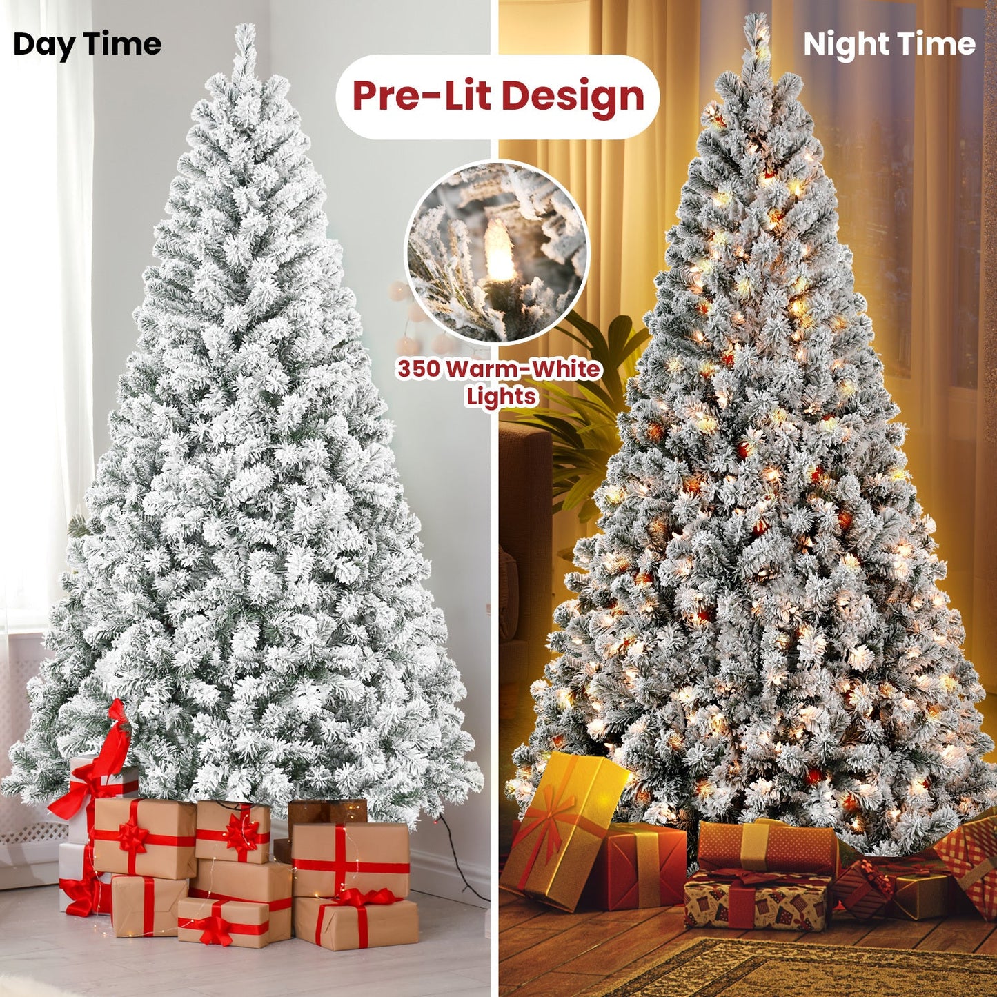 7FT Flocked Christmas Tree With 350 Warm White Incandescent Lights – Snowy Artificial Holiday Tree With 1022 Tips and St