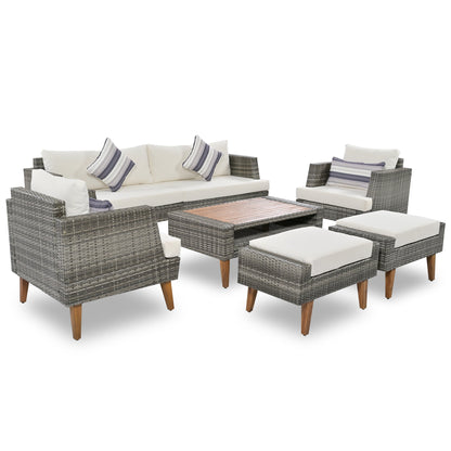 6-Pieces All Weather PE Wicker Sofa Set, Outdoor Rattan Sofa With Double Cushions, Wood Legs Wood Table Top, Beige and G