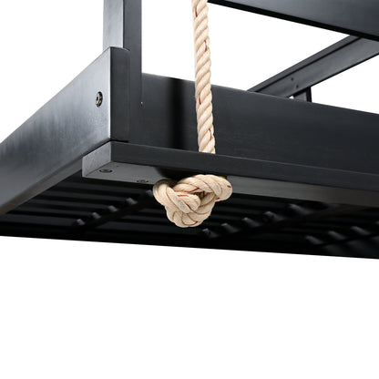 Country Patio Wooden Twin Size Swing Daybed Porch Swing Frame With 4pcs 96-Inch Hemp Ropes for Backyard, Garden, Black