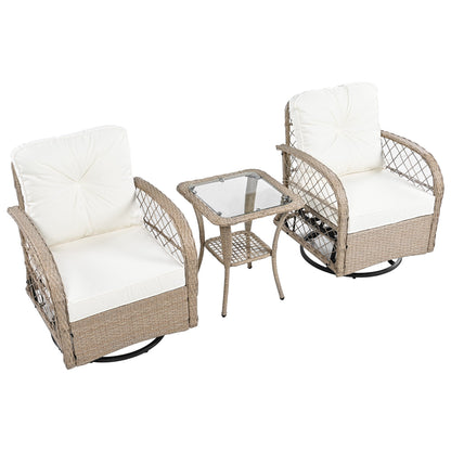 3-Piece Outdoor Chair&Table Set Chat Set 2-Person Rattan Seating Group With Two Swivel Chairs and a Square Table for Gar