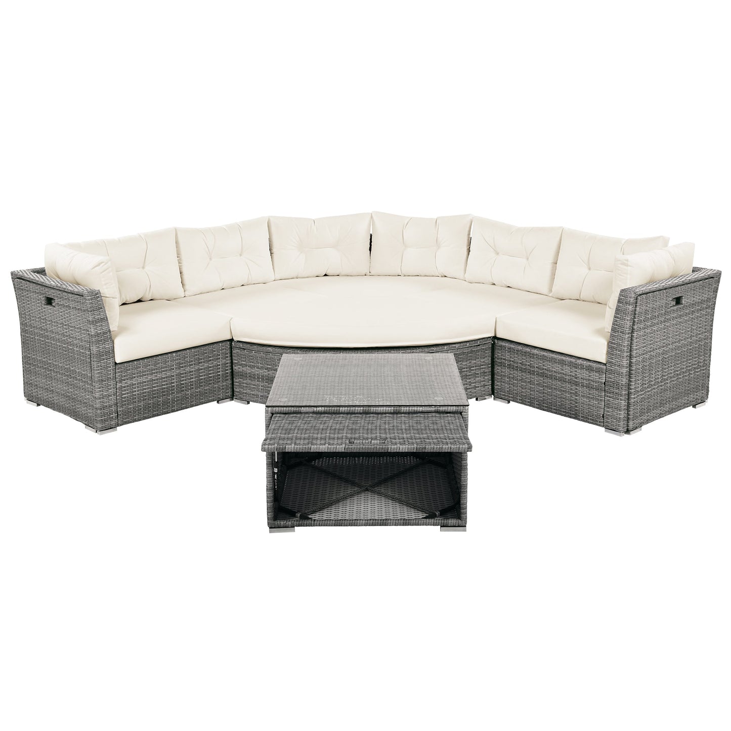 Patio Furniture Set Outdoor Daybed Rattan Sectional With Cushions and Center Table, Beige, Iron & Rattan, Multiple Sizes