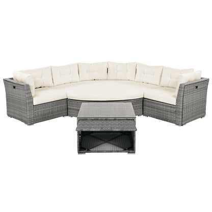 Patio Furniture Set Outdoor Daybed Rattan Sectional With Cushions and Center Table, Beige, Iron & Rattan, Multiple Sizes