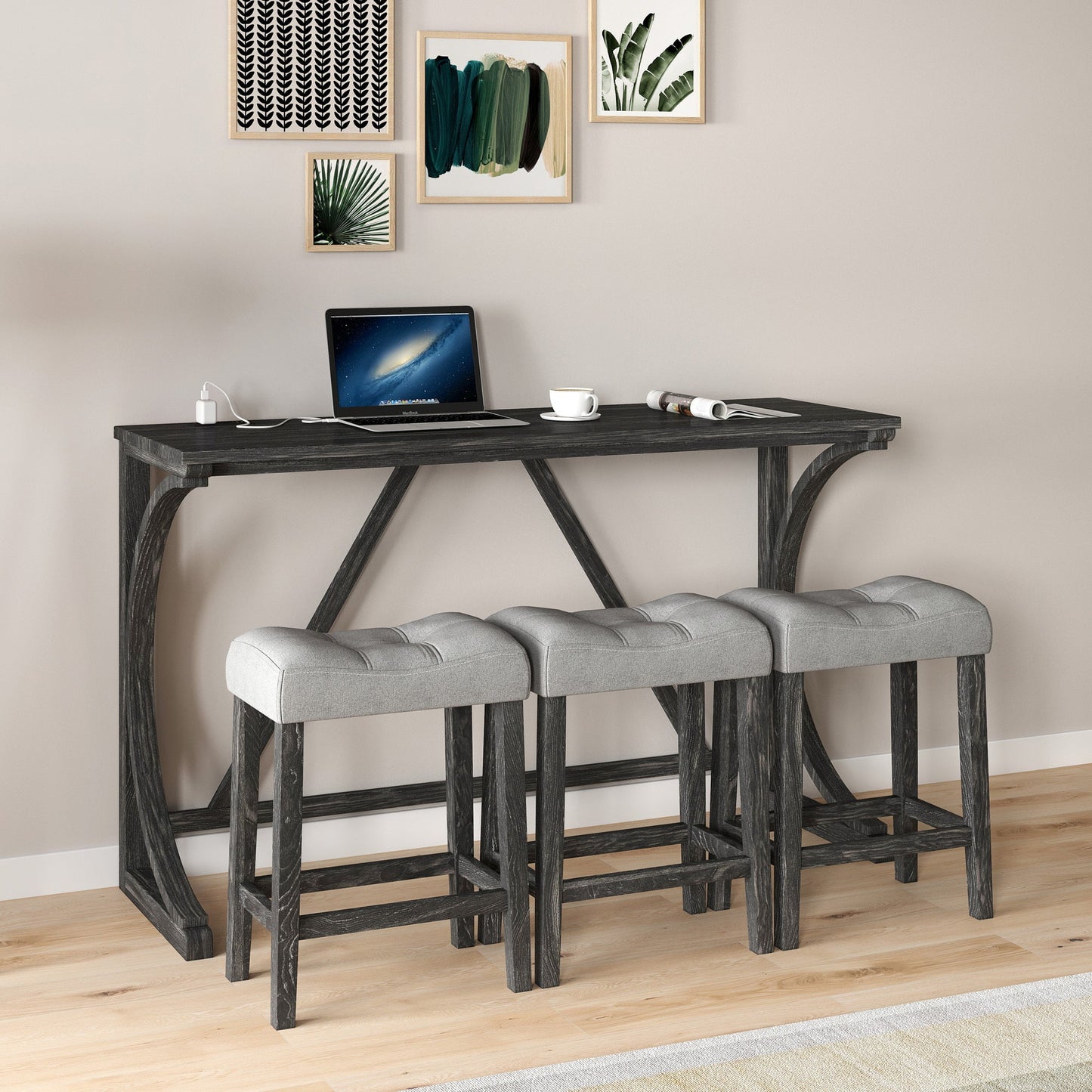 Bar Table Set With Power Outlet, Bar Table and Chairs Set, 4 Piece Dining Table Set, Industrial Breakfast Table Set, For