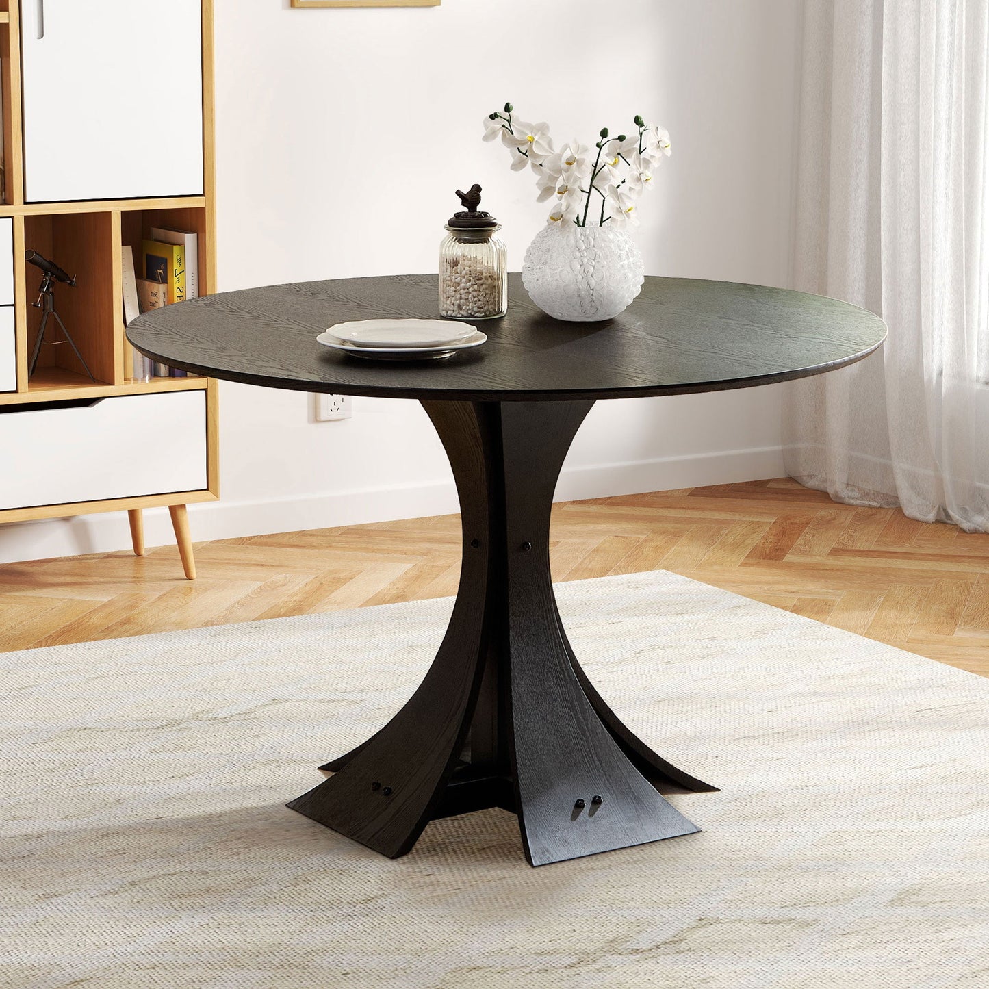 47.24'' Round Modern Style MDF Wood Dining Table in Black Suitable for Kitchen, Living Room, Cafe, Milk Tea Shop