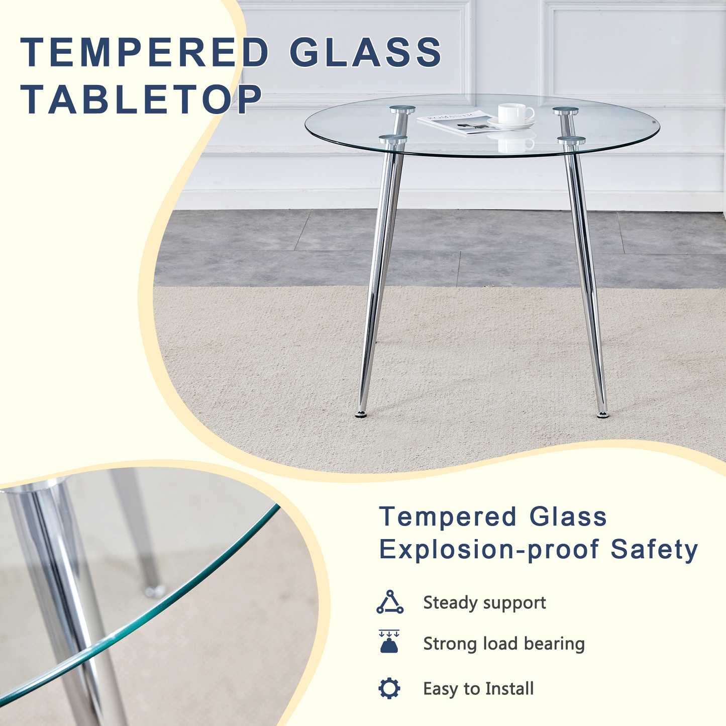 Table and Chair set.A 38.6' Transparent Tempered Glass Round Dining Table-Silver Metal Legs.Paired With 6 BLACK PU Mater