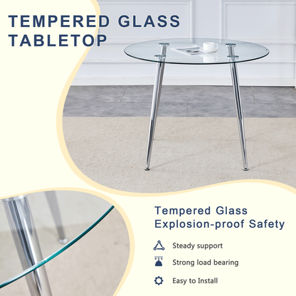 Table and Chair set.A 38.6' Transparent Tempered Glass Round Dining Table-Silver Metal Legs.Paired With 6 BLACK PU Mater