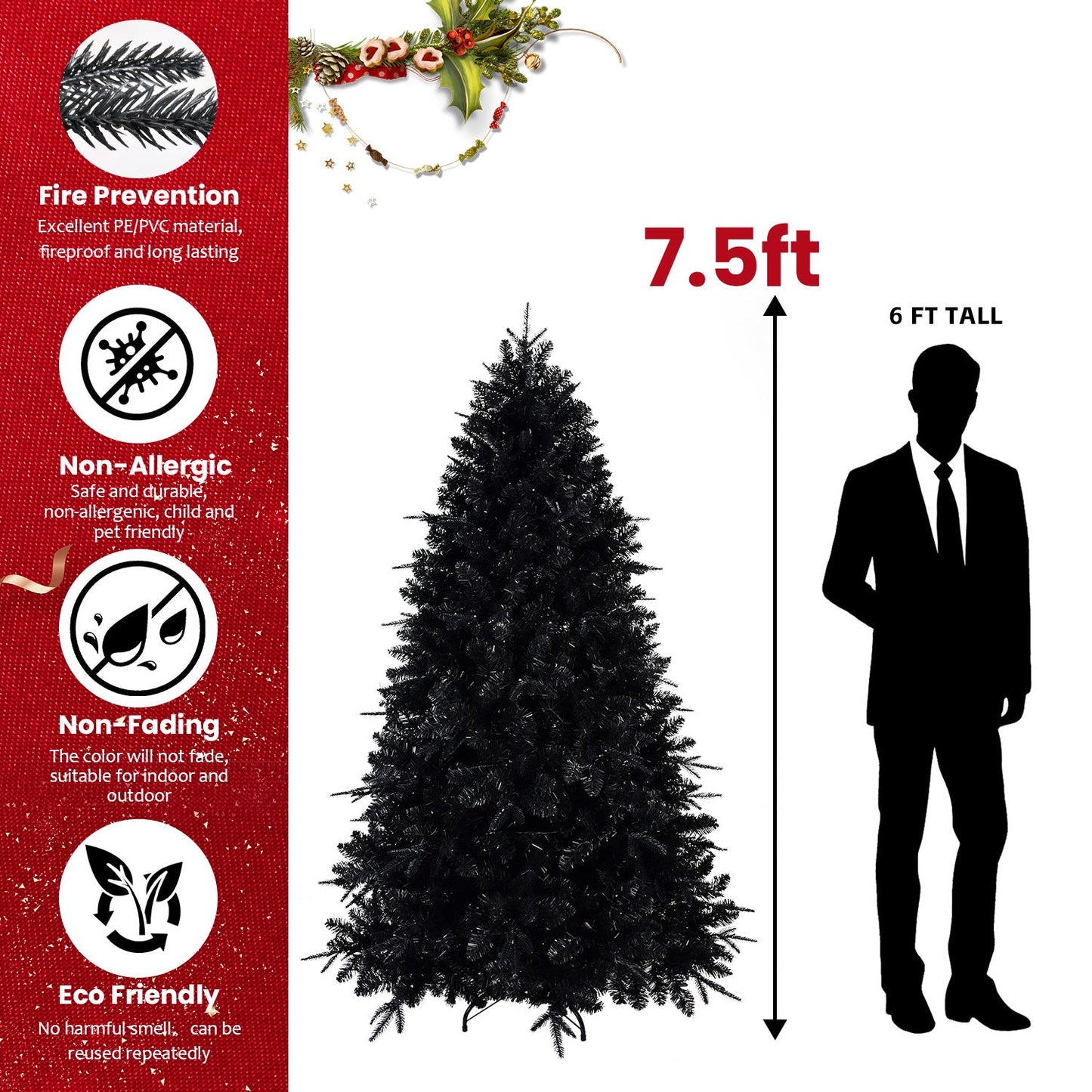 7ft Black Christmas Tree With 450 White LED Lights, 1916 Tips PE+PVC Artificial Tree for Halloween & Holiday Decor, Hing