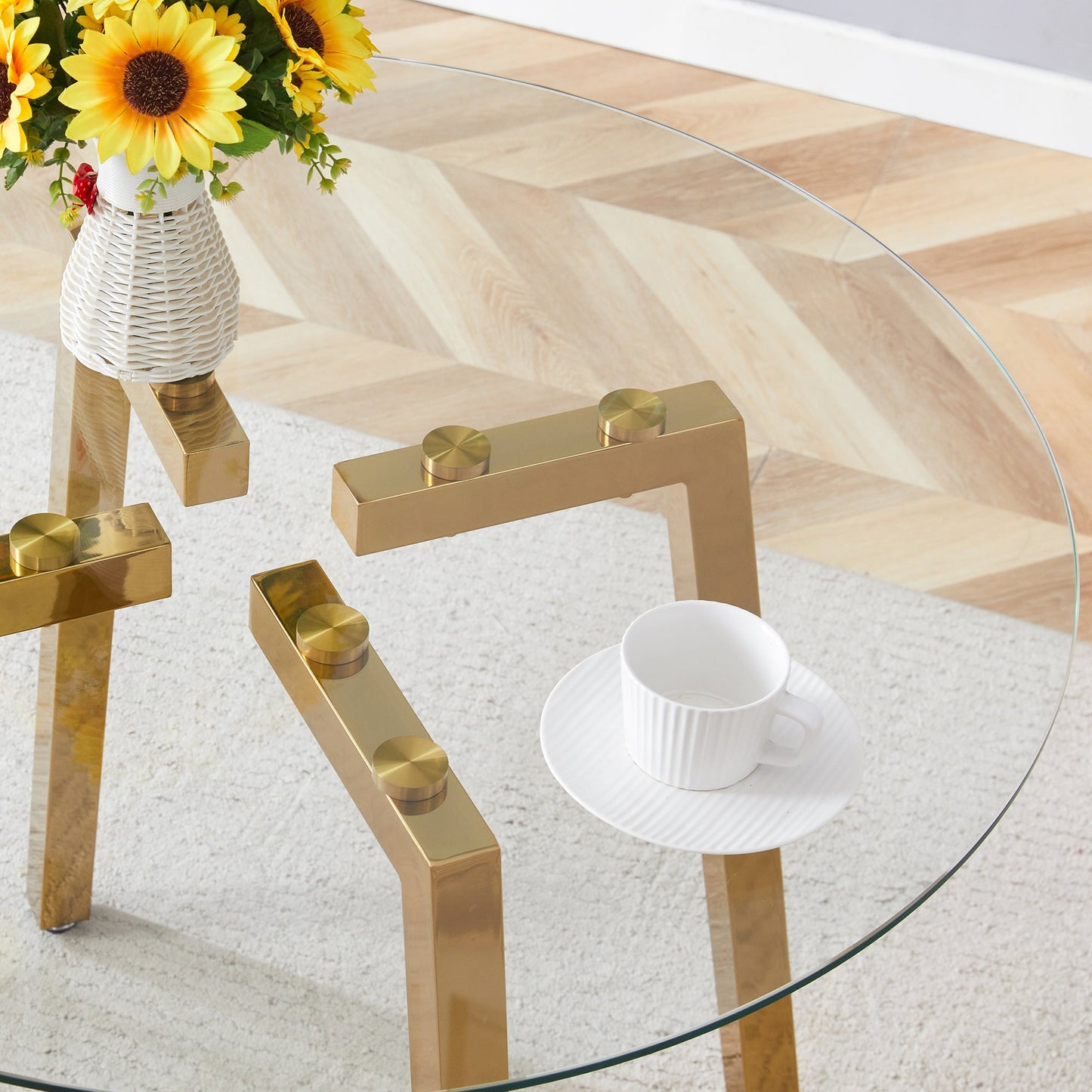 Modern Luxurious Round Tempered Glass Dining Table With Gold 7-Shaped Metal Legs,suitable for Family Meals, Office Confe