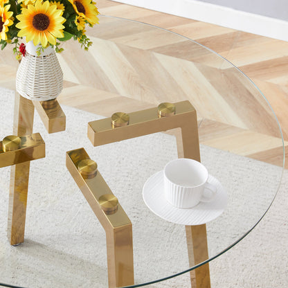 Modern Luxurious Round Tempered Glass Dining Table With Gold 7-Shaped Metal Legs,suitable for Family Meals, Office Confe