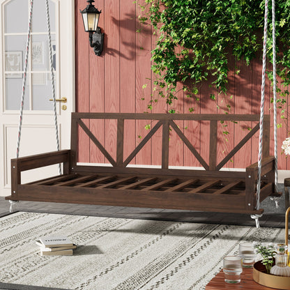 Acacia Wood Twin Size Patio Swing Bed Modern Porch Swing Hanging Bed Frame With 16.4ft Hemp Ropes for Garden,Backyard,Br