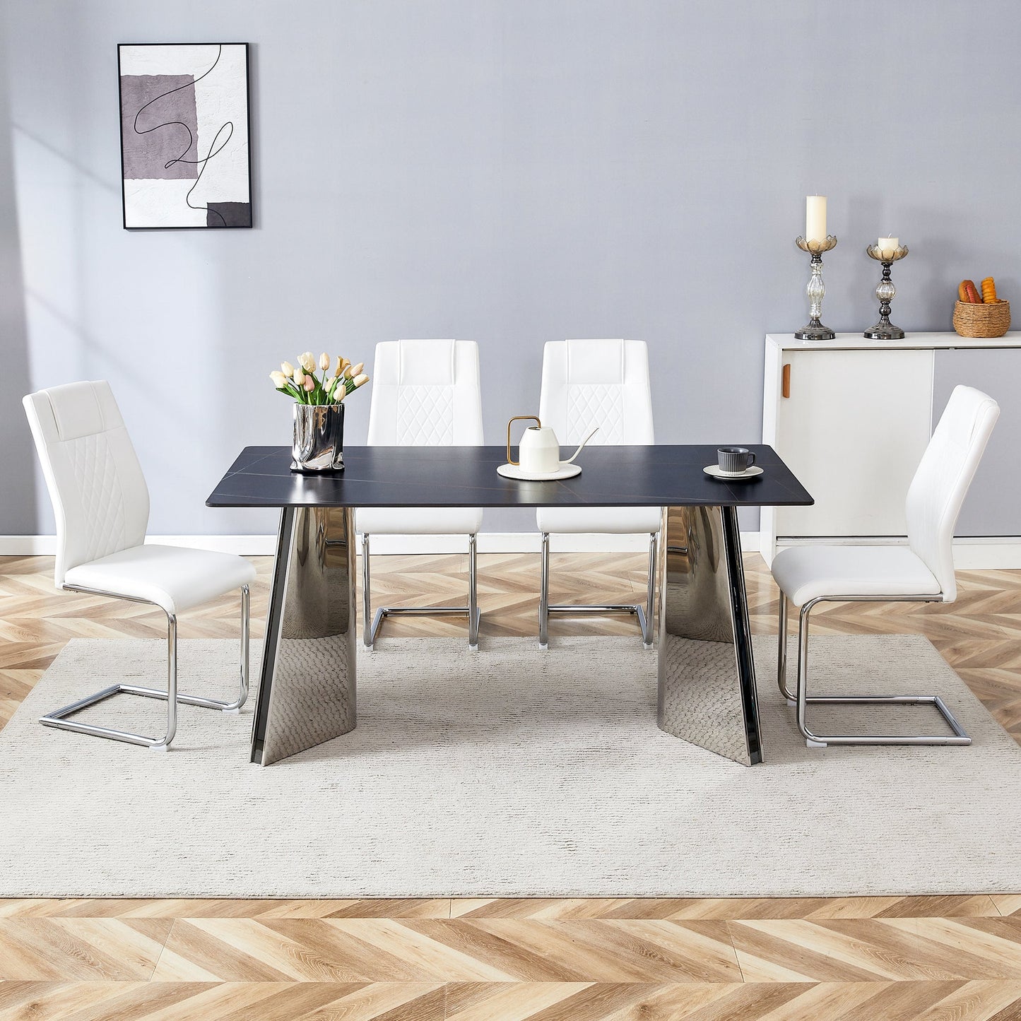 Table and Chair Set.63'x31.5x30' Black Marble-Patterned Slabs Tabletop With Stainless Steel Butterfly Legs.Paried With 4