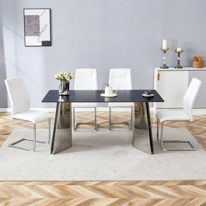 Table and Chair Set.63'x31.5x30' Black Marble-Patterned Slabs Tabletop With Stainless Steel Butterfly Legs.Paried With 4