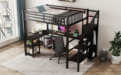 Metal Full Loft Bed With Wardrobe and LED Light, Full Size Loft Bed With L Shaped Desk and USB for Kids Teens Adults, Bl