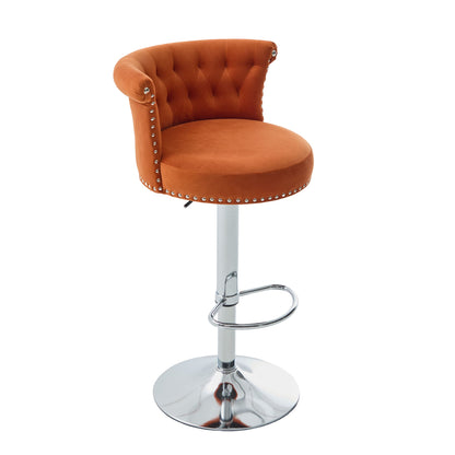 Velvet Bar Stool Set of 2, Adjustable Swivel Bar Stools With Silver Plated Metal Leg, Chrome Nailhead, Counter Height Ch