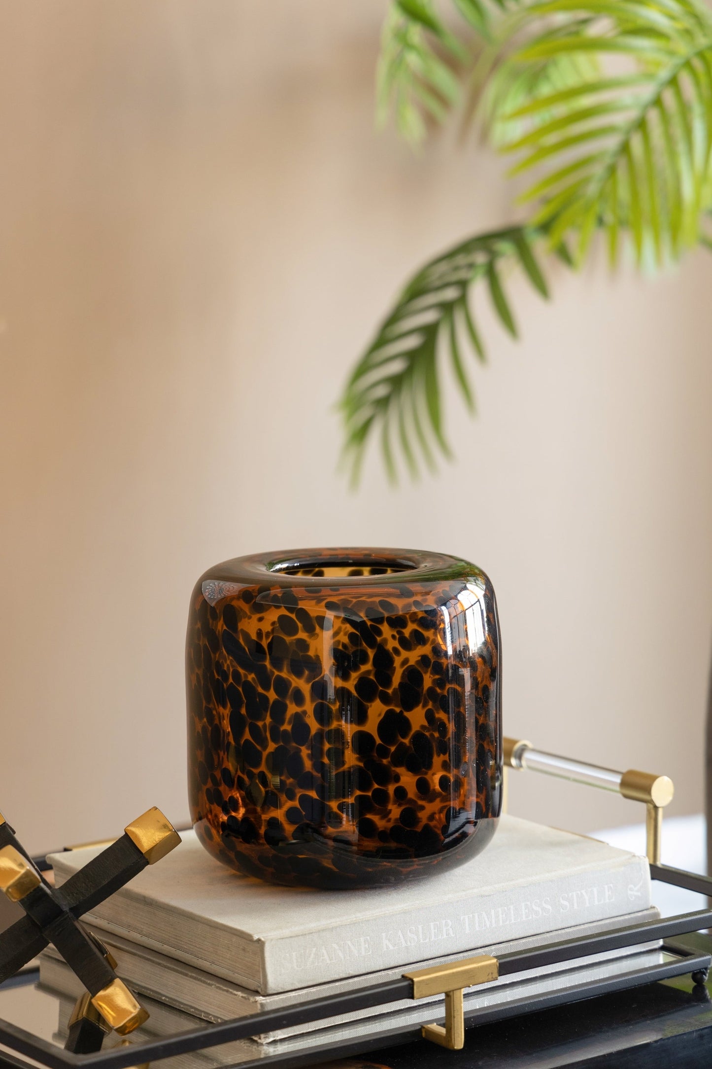 Brown and Amber Glass Vase With Cheetah Motif, Short, 7.9x7.9'