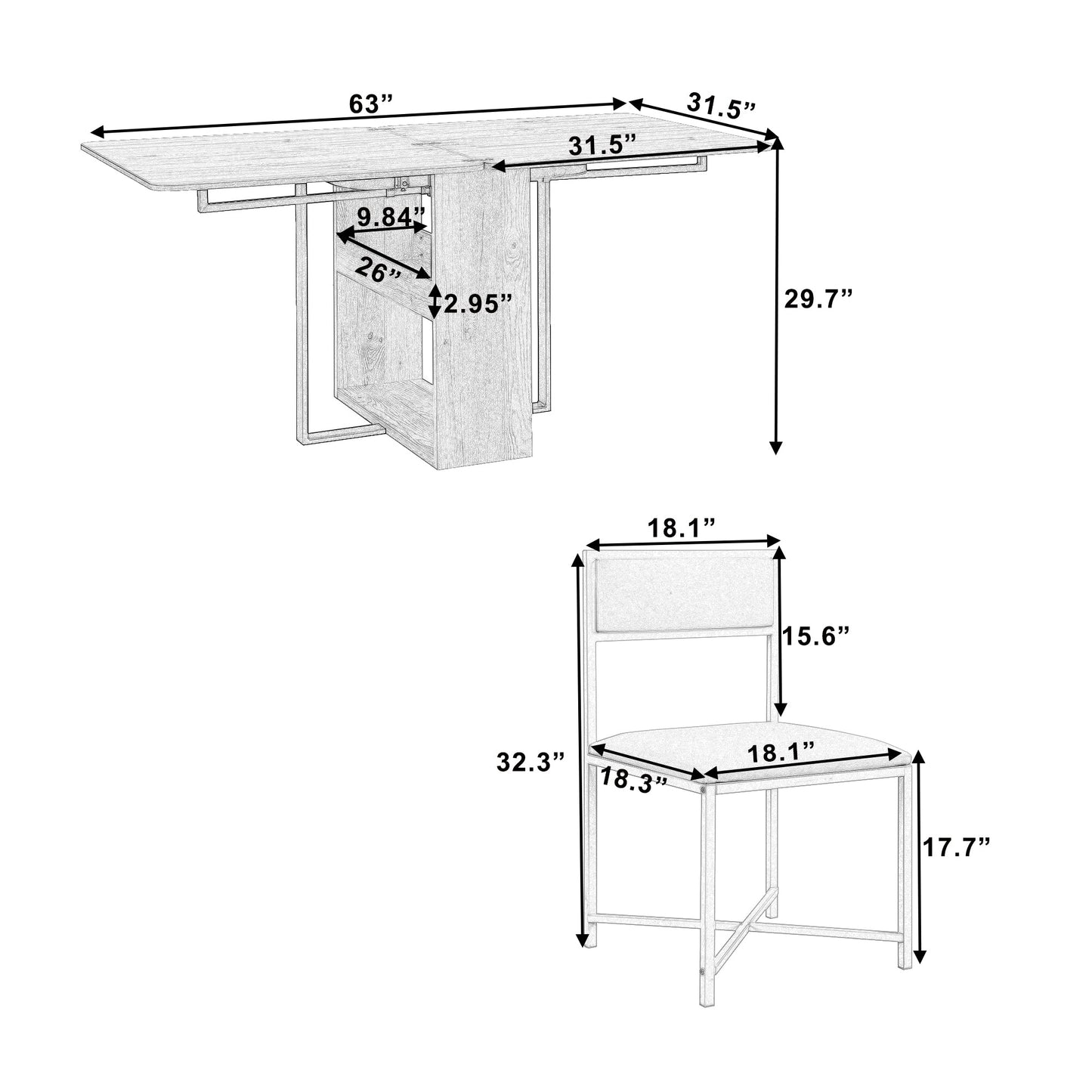 Modern Compact 63inch 5-Piece Extendable Dining Table Set, Foldable Square Kitchen Table Set With Storage Rack and 4 PU