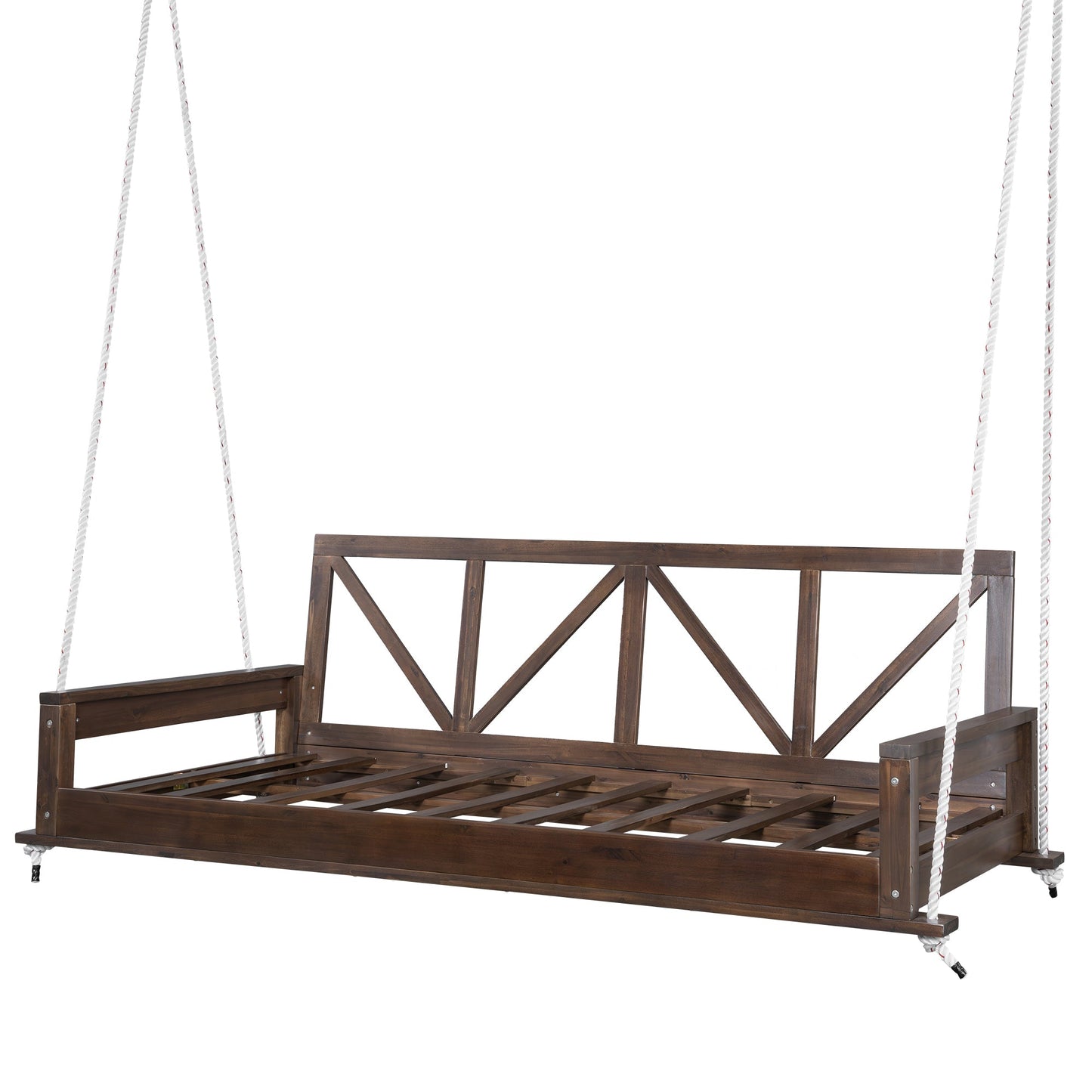 Acacia Wood Twin Size Patio Swing Bed Modern Porch Swing Hanging Bed Frame With 16.4ft Hemp Ropes for Garden,Backyard,Br
