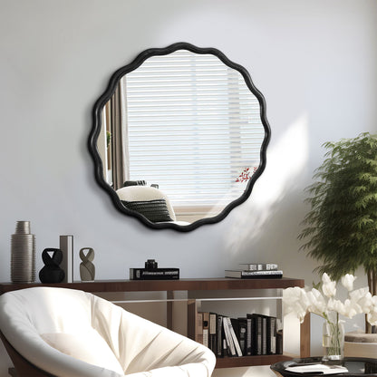 Solid Wood Wavy Mirror-Black Mirror Wall Decor 31' X 31' Modern Mirror Wall Decor for Bathroom, Bedroom, Living Room, Di