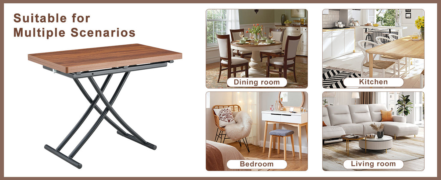 Table and Chair set.Modern Multifunctional Lifting Platform,Walnut Wood Grain Sticker MDF Desktop, Black Metal Legs.Pair