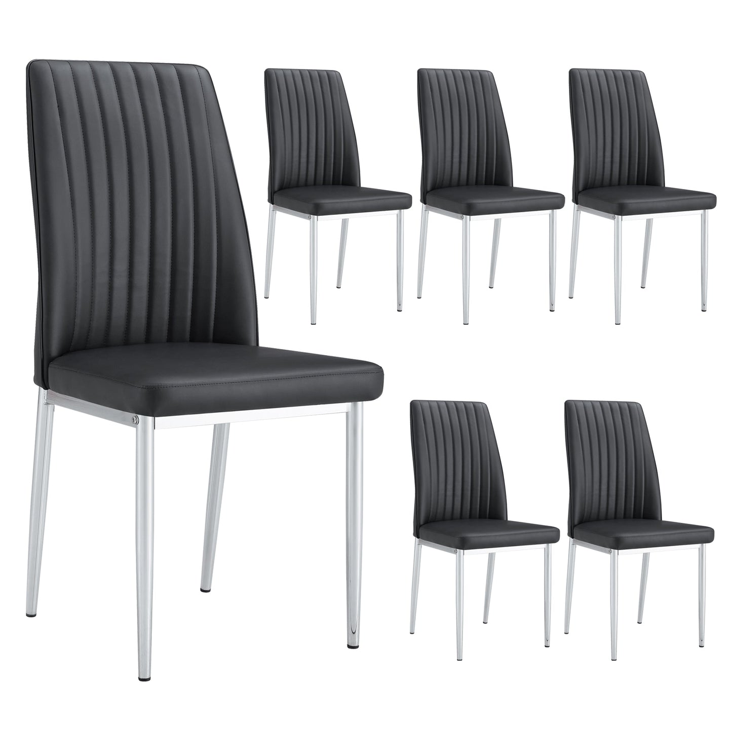 A Set of 6 Dining Chairs, Black Dining Chair Set, PU Material High Backrest Seats and Sturdy Leg Chairs, Suitable for Re