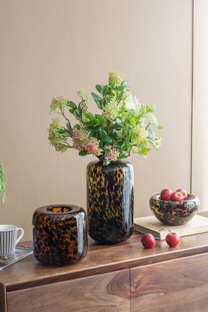 Brown and Amber Glass Vase With Cheetah Motif, Short, 7.9x7.9'