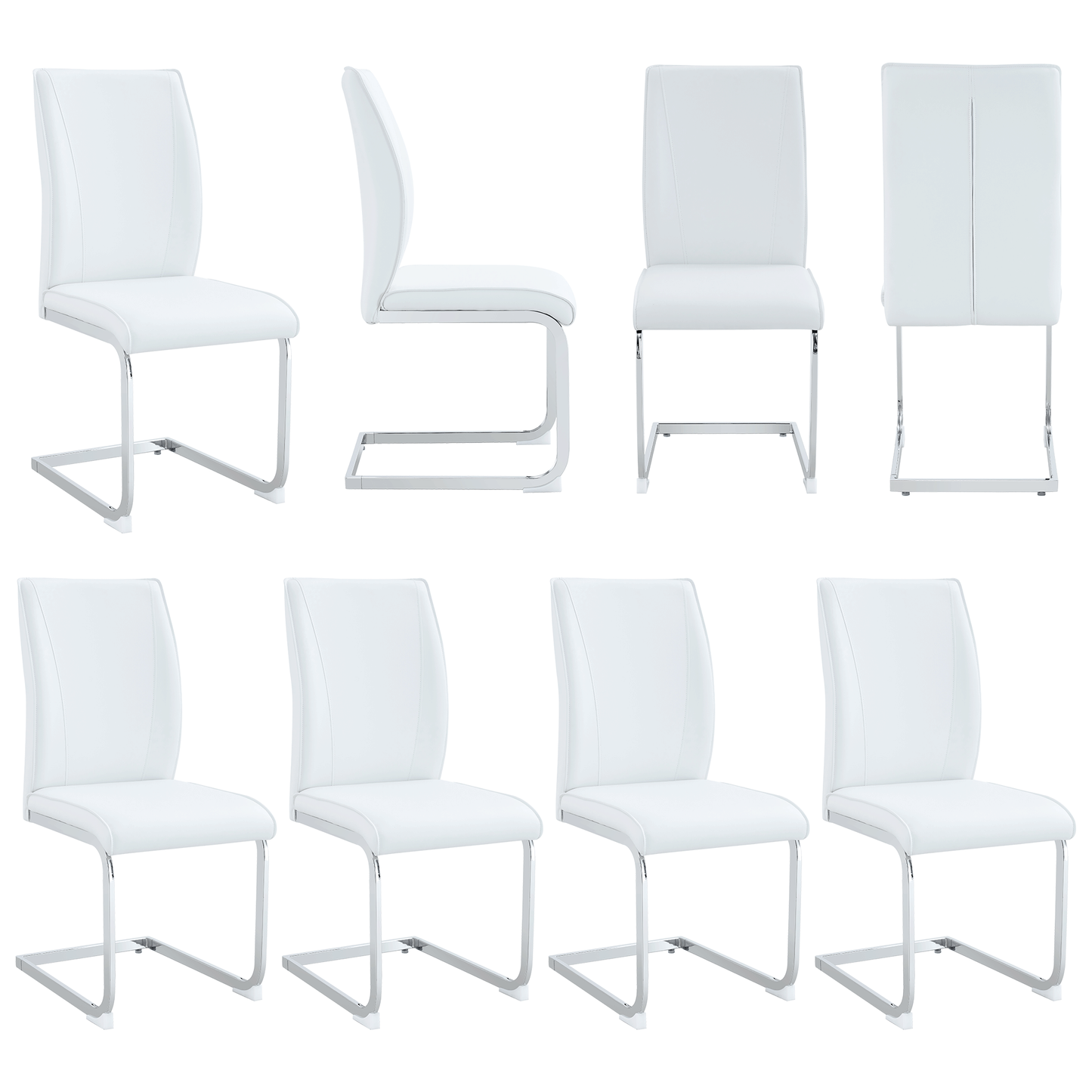 Luxury Simple Arch Chair Set of 8 White PU Material High Resilience Dining Chairs With Arched Silver Metal Legs