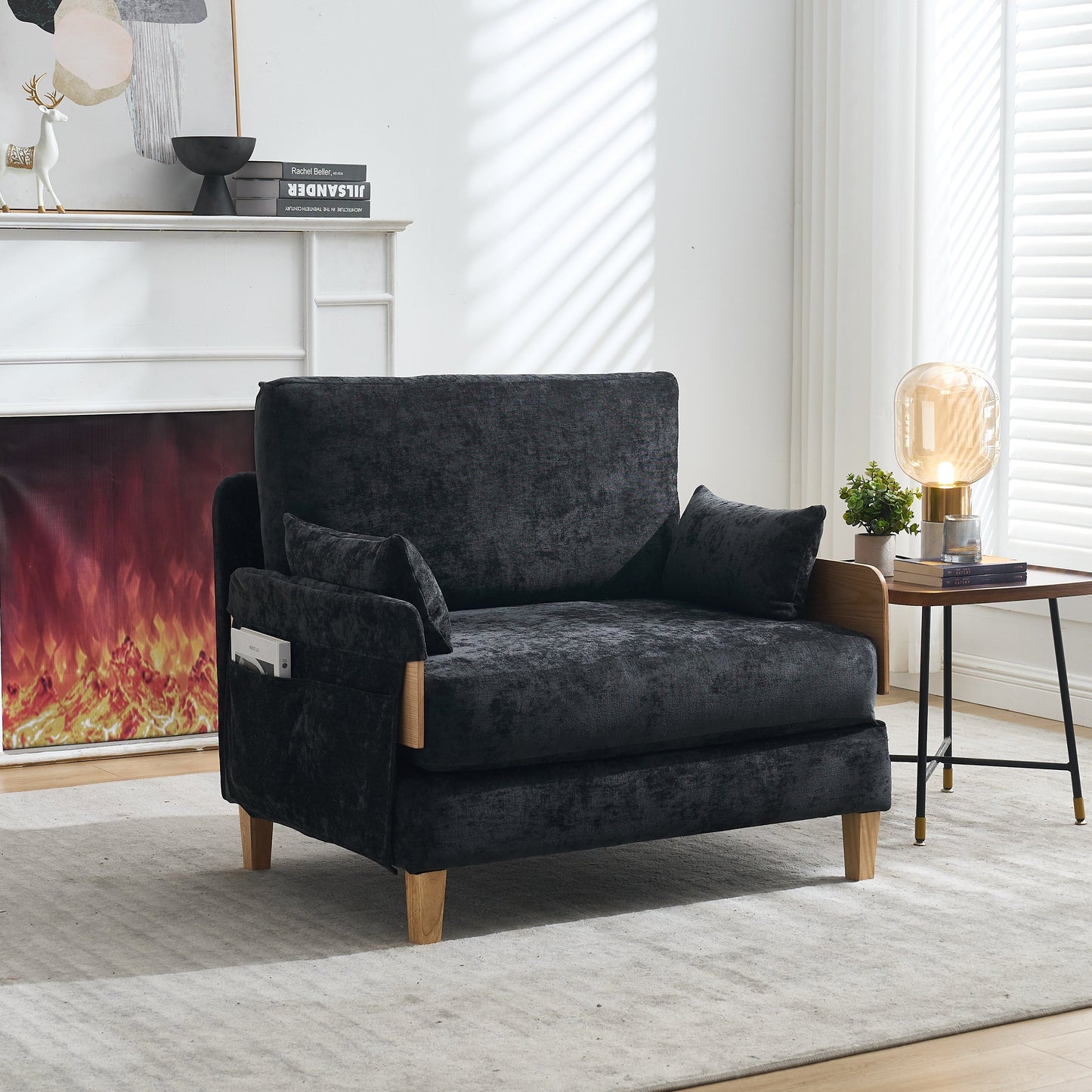 Mid-Century Modern Foldable Sofa Bed Recliner, 3-In-1 Convertible Sleeper With Three Pillows, Black Chenille for Small S