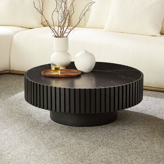 35.43'' Nesting Round Sintered Stone Tabletop Modern Drum Coffee Table Luxury Circle Coffee Table for Apartment BLACK