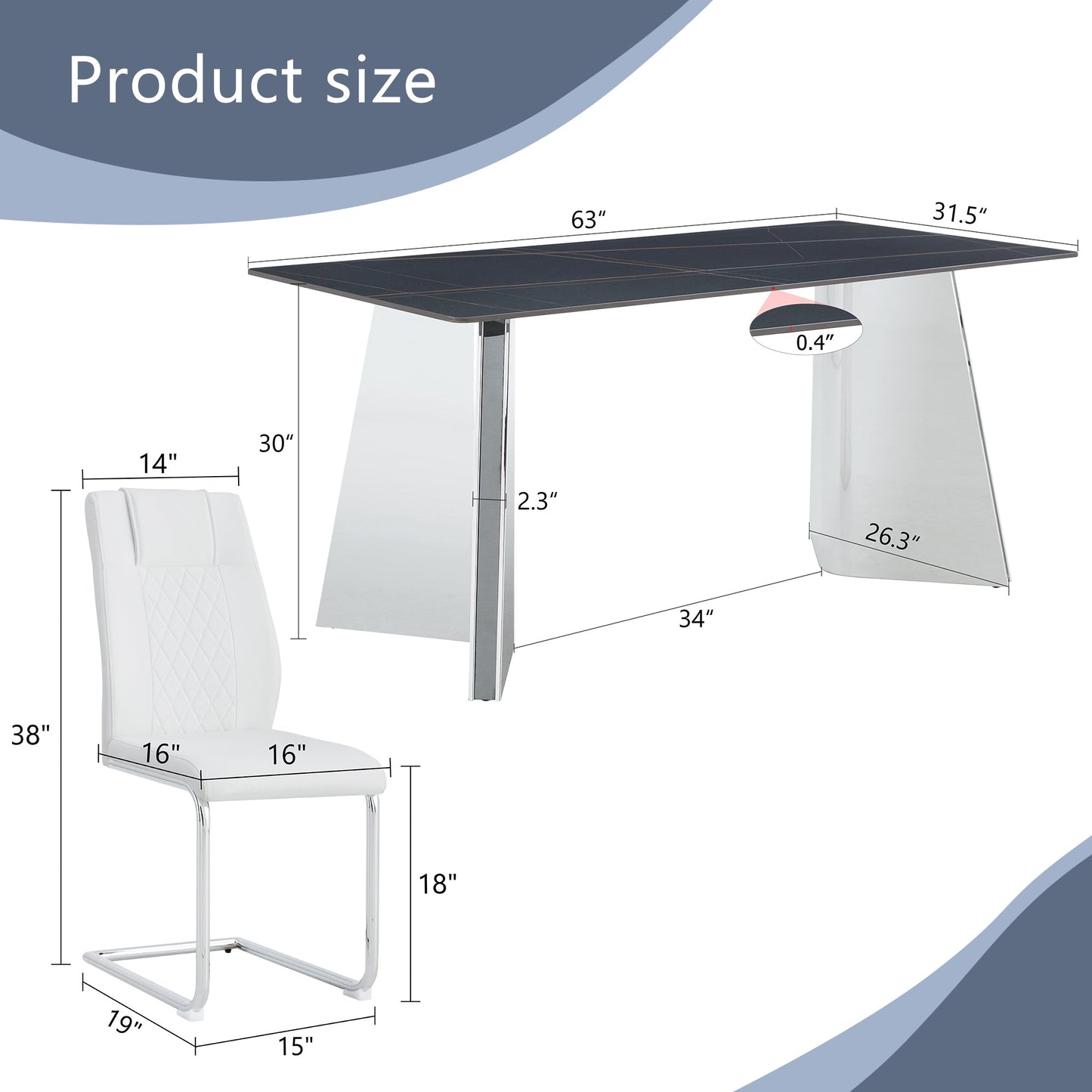 Table and Chair Set.63'x31.5x30' Black Marble-Patterned Slabs Tabletop With Stainless Steel Butterfly Legs.Paried With 4