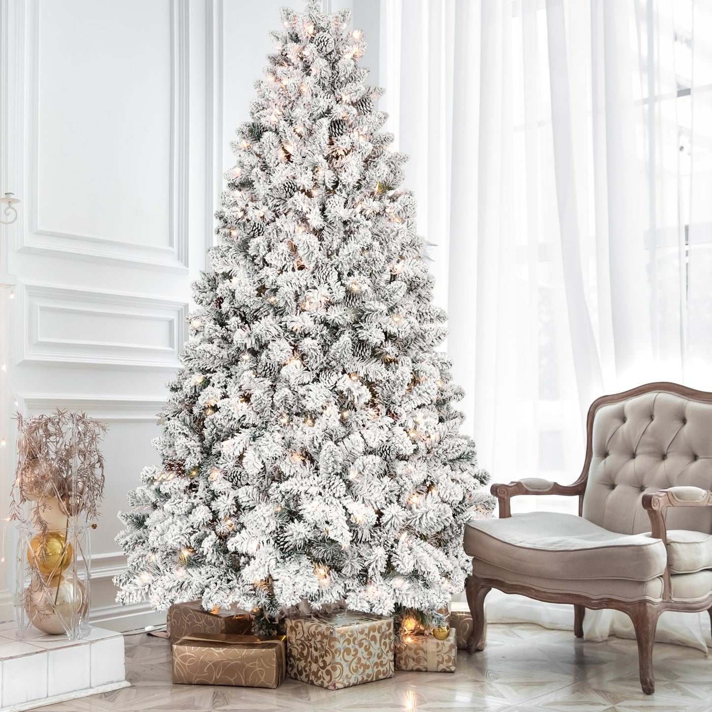 8FT Flocked Christmas Tree With 700 UL Lights and 54 Natural Pine Cones – Snowy PVC Tips, 1754 Tips, Hinged Structure, S