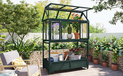 Garden Wood Portable Cold Frame With Movable Wheels Mini Greenhouse With Openable Roof and Storage Box, Forest Green