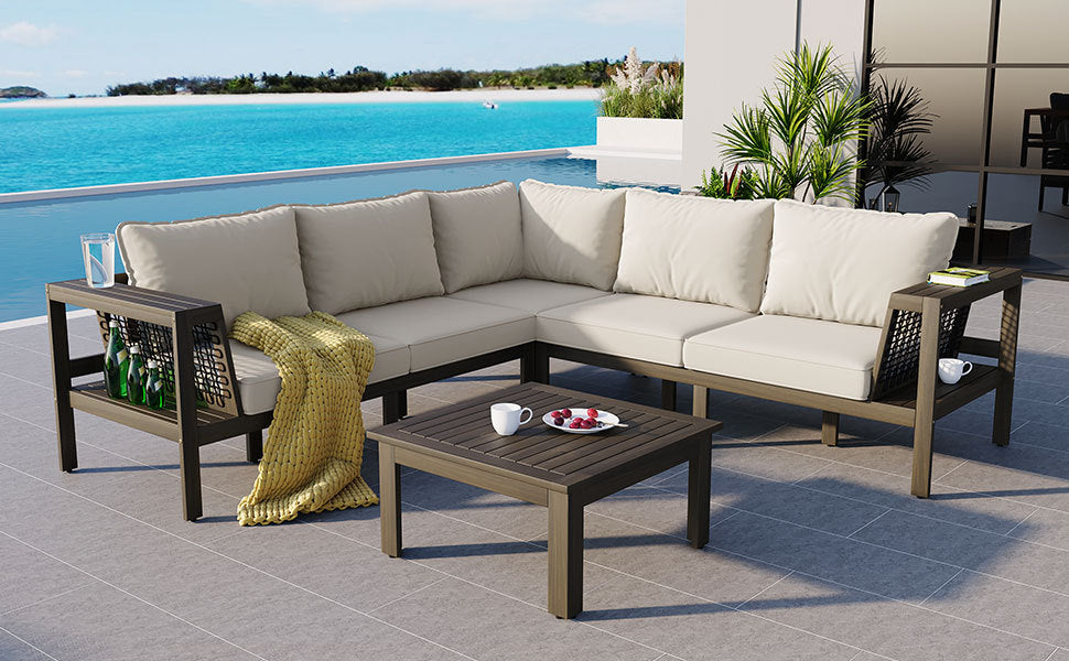 4 Pieces Outdoor Acacia Wood Sofa Set, Woven Mesh Armrests, L-Shaped Patio Furniture Sofa Set With Coffee Table, Outdoor