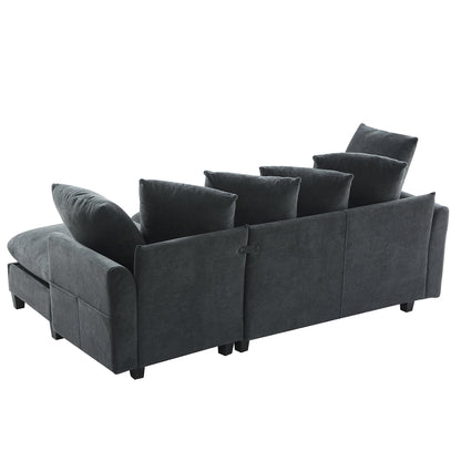 Black Upholstered 83' L-Shaped Sectional Sofa With Storage, Movable Ottoman, and Six Throw Pillows