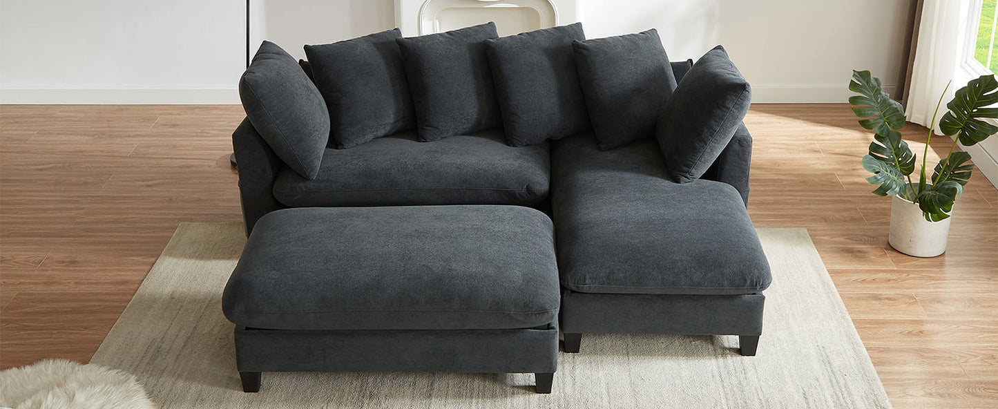Black Upholstered 83' L-Shaped Sectional Sofa With Storage, Movable Ottoman, and Six Throw Pillows