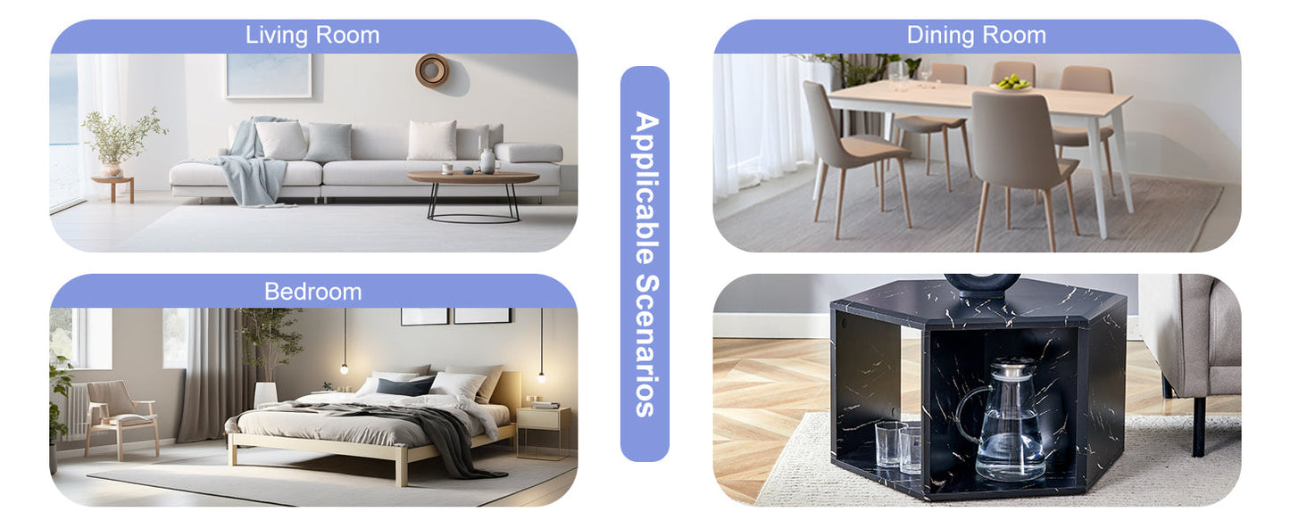 Hexagonal MDF Coffee Table, Characteristic Pattern Stickers, Multi-Hole Design to Give More Storage Space, Simple and Co