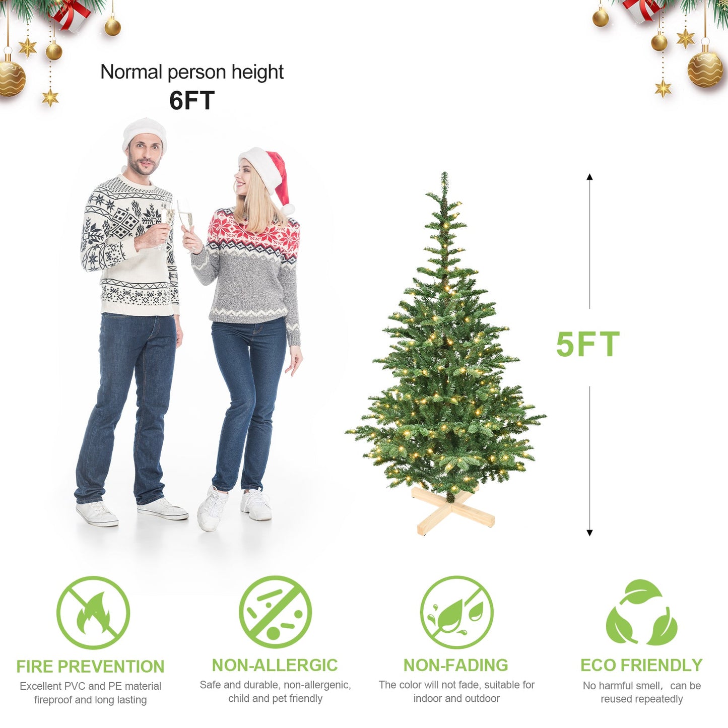 6ft Pre-Lit Christmas Tree With 300 Warm White LED Lights, 611 PE+PVC Tips, Realistic Layered Look, Unique Wooden Base –