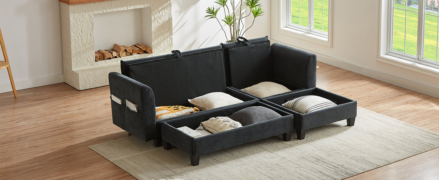 Black Upholstered 83' L-Shaped Sectional Sofa With Storage, Movable Ottoman, and Six Throw Pillows