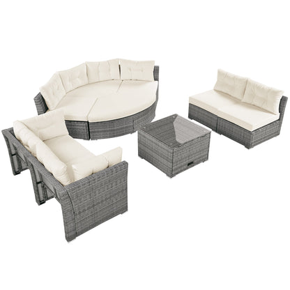 Patio Furniture Set Outdoor Daybed Rattan Sectional With Cushions and Center Table, Beige, Iron & Rattan, Multiple Sizes