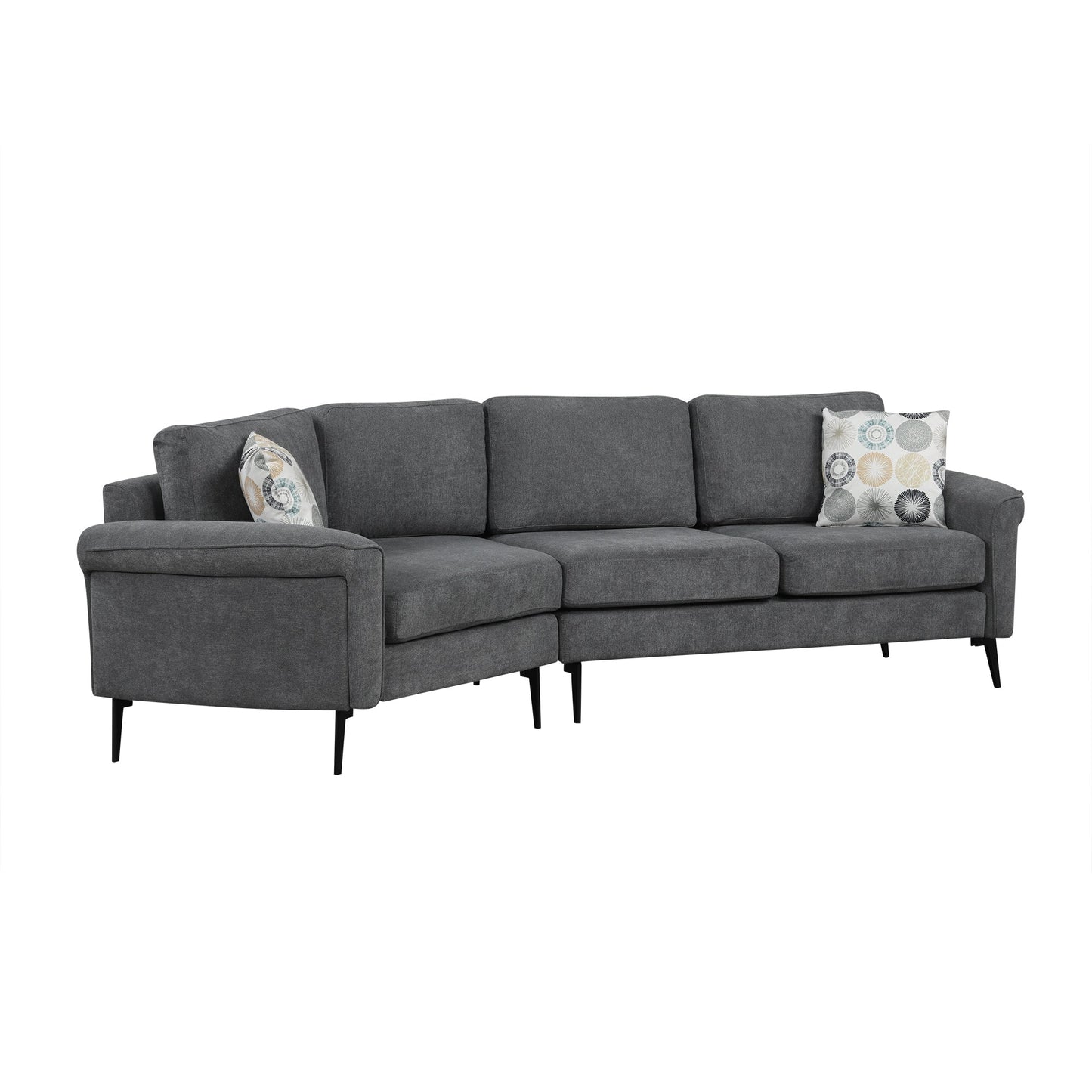 111' Upholstered 3-Seater Sofa Curved Sofa Couch With Two Printed Pillows for Living Room, Dark Gray