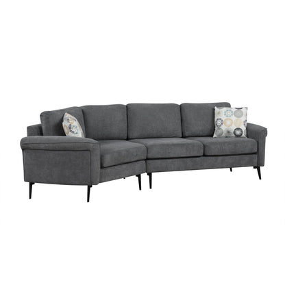 111' Upholstered 3-Seater Sofa Curved Sofa Couch With Two Printed Pillows for Living Room, Dark Gray